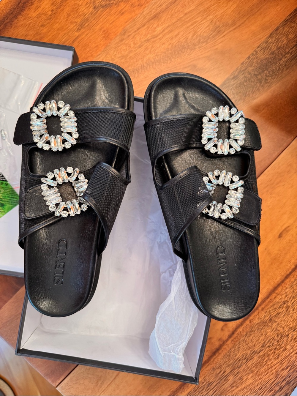 SILENT D - black leather & mesh slide sandals with rhinestone buckles.  SIZE 39.